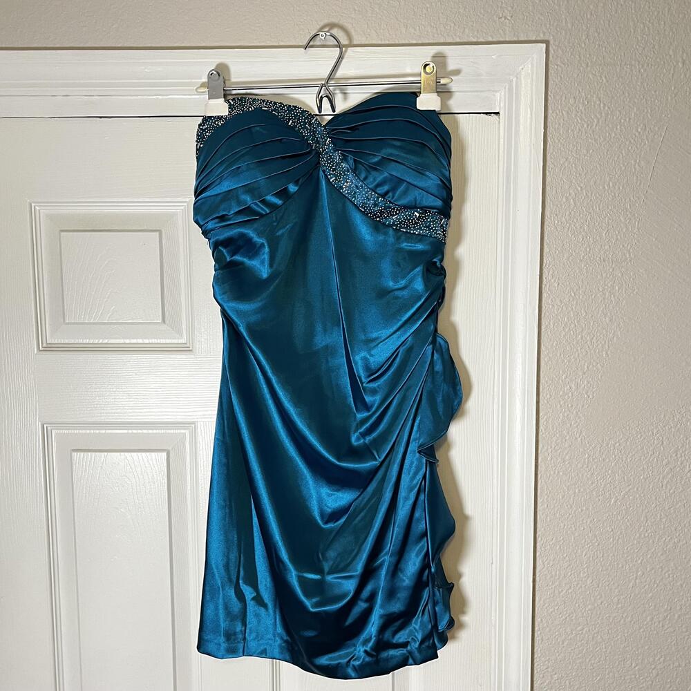 Blondie Nites Dress Juniors 9 Blue Satin Strapless Beaded Ruched Mini Prom Party